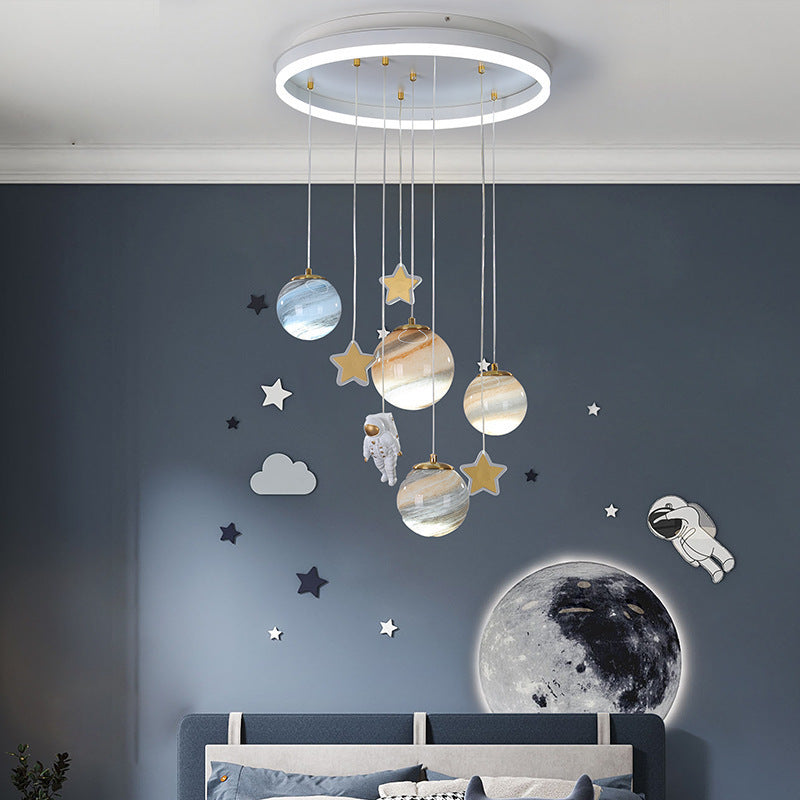 Moderne Scandinavische Ruimteplaneet Acryl Glazen Ronde Kap Led Kinderplafondlamp Voor Slaapkamer