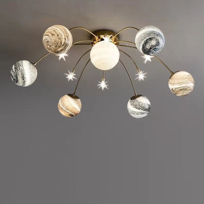 Hedendaagse Nordic Kids Iron Glass Ball Earth Planet 13-Lichts Semi-Flush Mount Plafondlamp Voor Slaapkamer