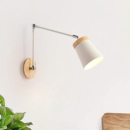 Moderne Scandinavische Massief Houten Ijzeren Cilinderkap 1-lichts Wandlamp Voor Slaapkamer