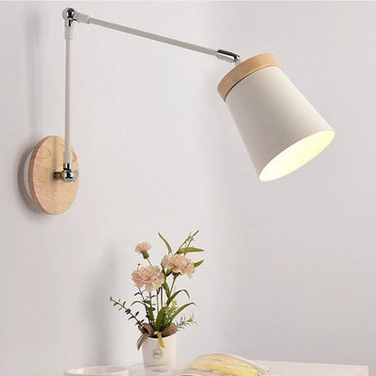 Moderne Scandinavische Massief Houten Ijzeren Cilinderkap 1-lichts Wandlamp Voor Slaapkamer