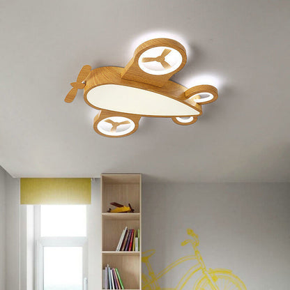 Cartoon Creatieve Houtnerf Vliegtuig Led Kinder Plafondlamp