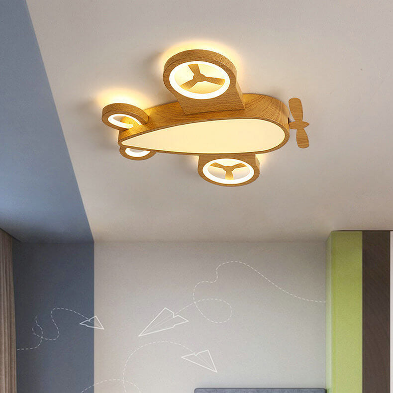 Cartoon Creatieve Houtnerf Vliegtuig Led Kinder Plafondlamp