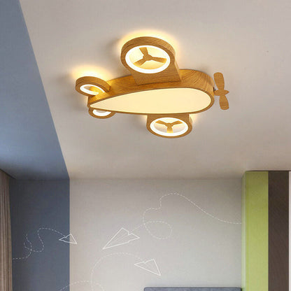 Cartoon Creatieve Houtnerf Vliegtuig Led Kinder Plafondlamp