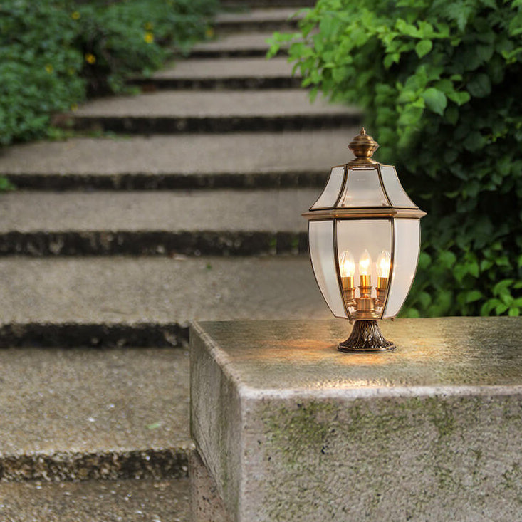 Europese Luxe Volledig Koperen, Heldere Glazen Lantaarnpaal, 1/3 Licht, Waterdichte Patio-landschapsverlichting