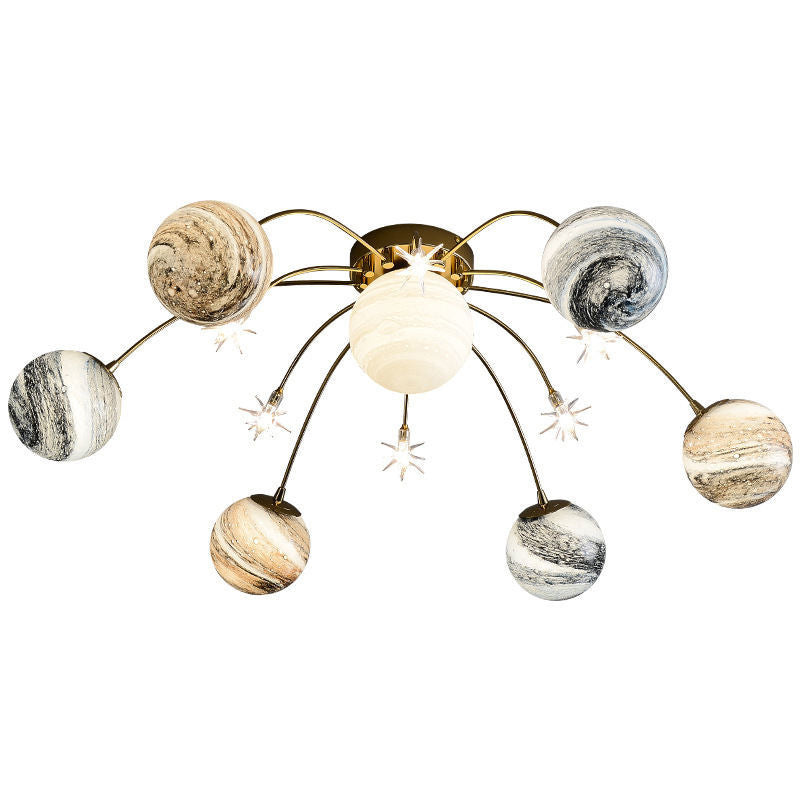 Hedendaagse Nordic Kids Iron Glass Ball Earth Planet 13-Lichts Semi-Flush Mount Plafondlamp Voor Slaapkamer