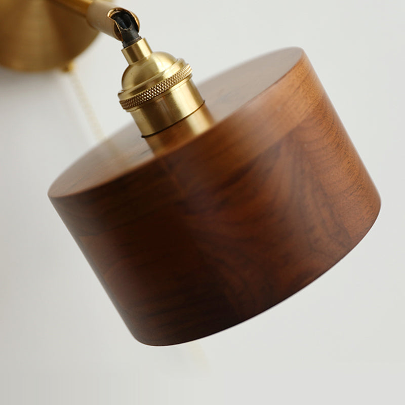 Moderne Scandinavische Ronde Kegelvormige Koperen Houten Wandlamp Met 1 Lichtpunt Voor De Slaapkamer