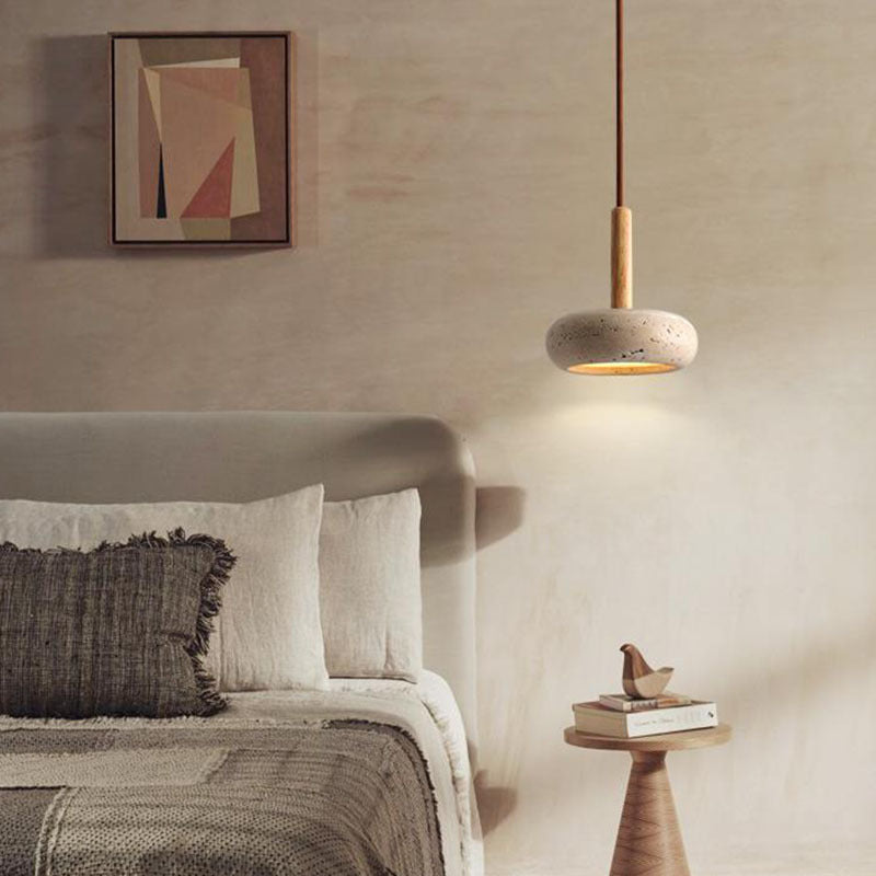 Hedendaagse Scandinavische Ovale Massief Houten Gele Travertijn Led Hanglamp Voor Woonkamer