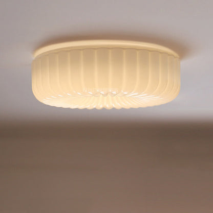 Franse Minimalistische Crèmekleurige Ronde Led Plafondlamp Met Textuur Van Glas