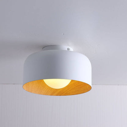 Minimalistische Koepelvormige Plafondlamp Met Houtnerf Van Ijzer, 1-Lichts Semi-Inbouw