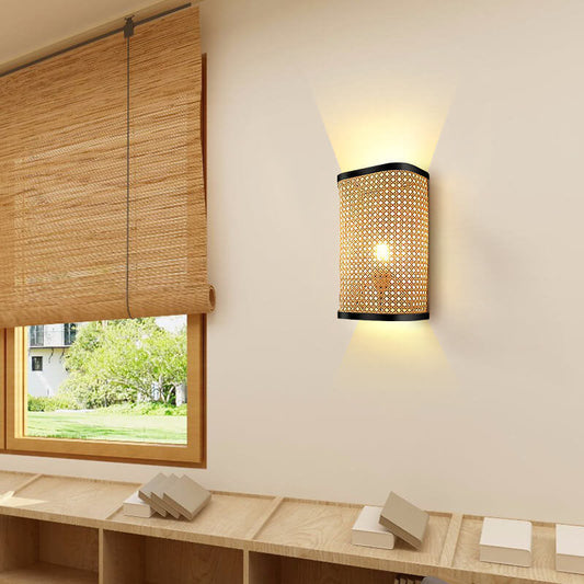 Minimalistische Rotan Geweven Vierkante 1-Lichts Wandlamp