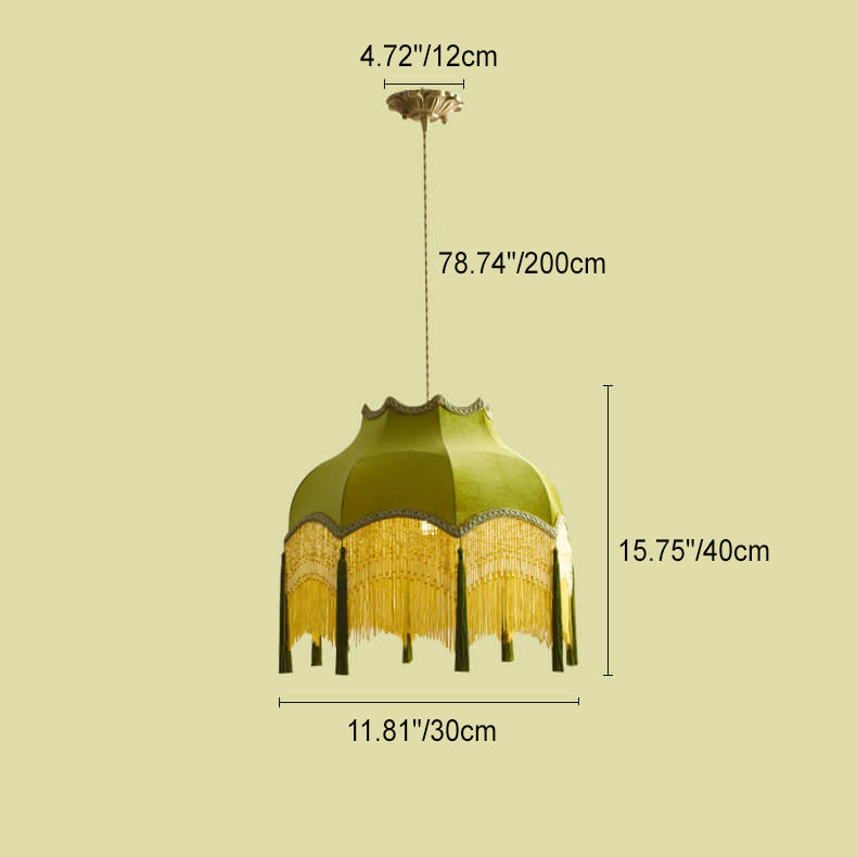 Franse Vintage Stoffen Kwast Lampenkap Messing 1-Lichts Hanglamp