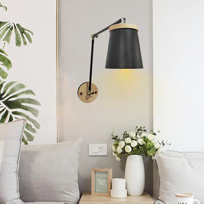 Moderne Scandinavische Massief Houten Ijzeren Cilinderkap 1-lichts Wandlamp Voor Slaapkamer