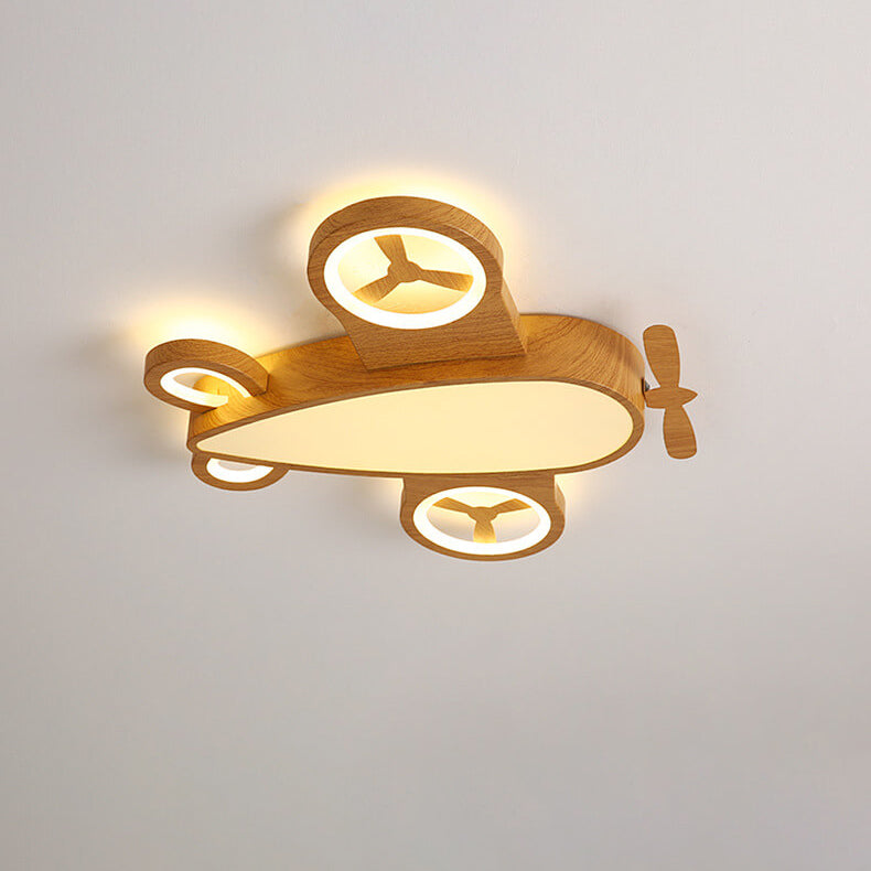 Cartoon Creatieve Houtnerf Vliegtuig Led Kinder Plafondlamp