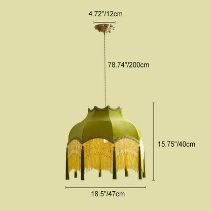 Franse Vintage Stoffen Kwast Lampenkap Messing 1-Lichts Hanglamp
