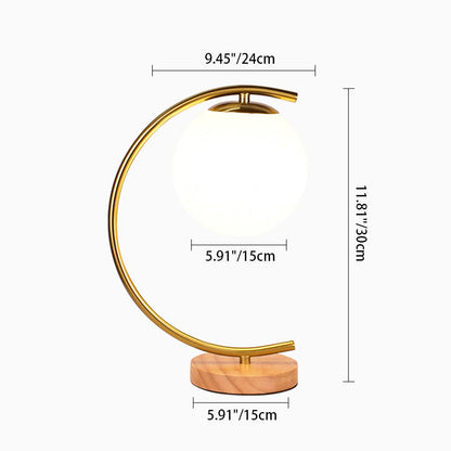 Hedendaagse Scandinavische Bolvormige Gebogen Ronde Glazen Ijzeren Massief Houten 1-Lichts Tafellamp Voor Woonkamer