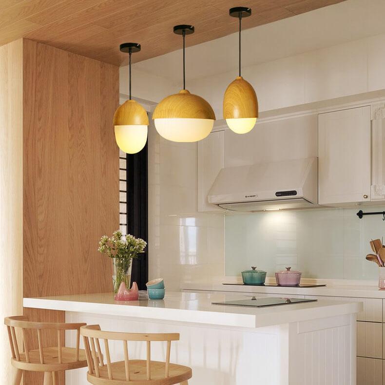 Moderne Beige Notenhouten 1-Lichts Bolvormige Hanglamp