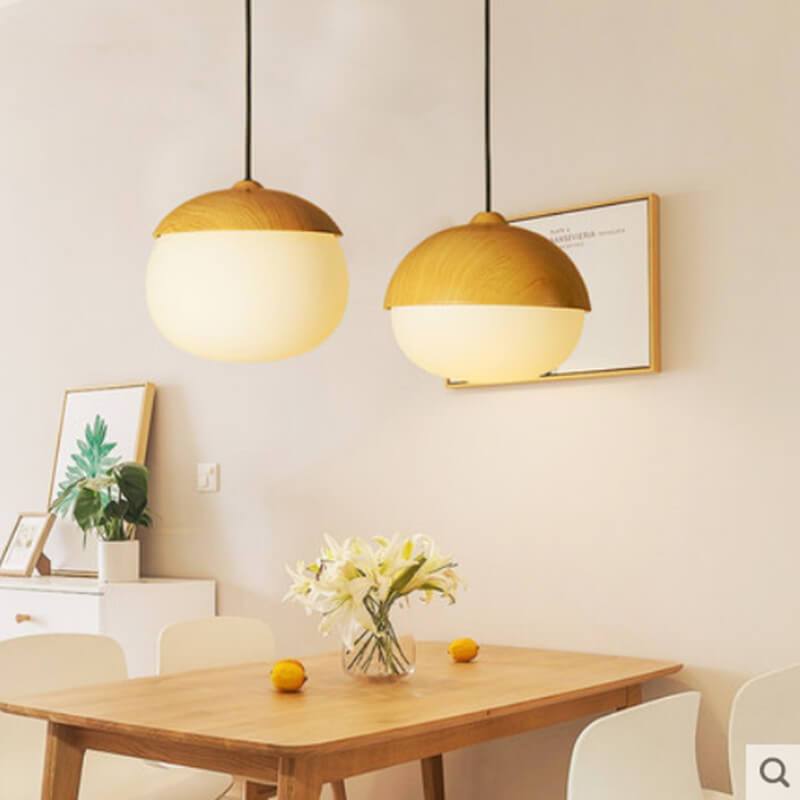 Moderne Beige Notenhouten 1-Lichts Bolvormige Hanglamp