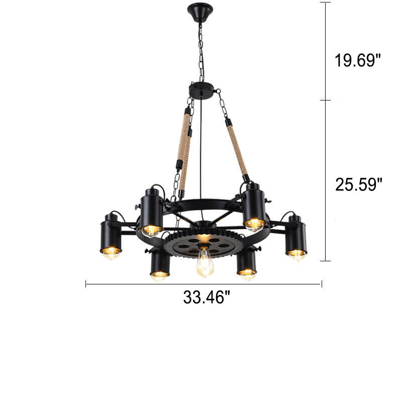 Industriële Retro Gear Wrought Ion Hennep Touw 6/8/10-Lichts Kroonluchter