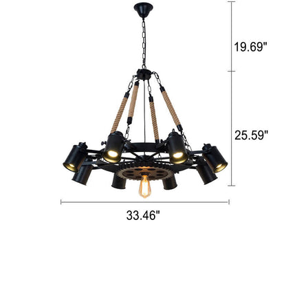 Industriële Retro Gear Wrought Ion Hennep Touw 6/8/10-Lichts Kroonluchter