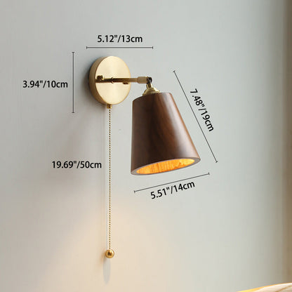 Moderne Scandinavische Ronde Kegelvormige Koperen Houten Wandlamp Met 1 Lichtpunt Voor De Slaapkamer