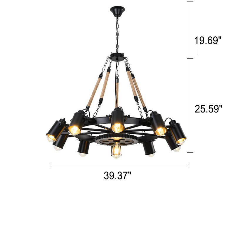 Industriële Retro Gear Wrought Ion Hennep Touw 6/8/10-Lichts Kroonluchter